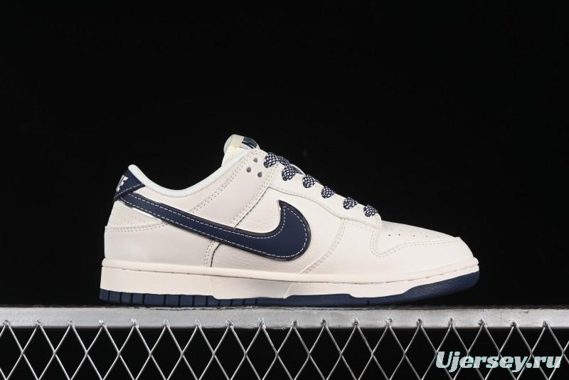 Nike SB Dunk Low Anniversary Premium Custom Low-Top Casual Skate Shoes in Off-White with Navy Blue Swoosh - SJ1089-004
