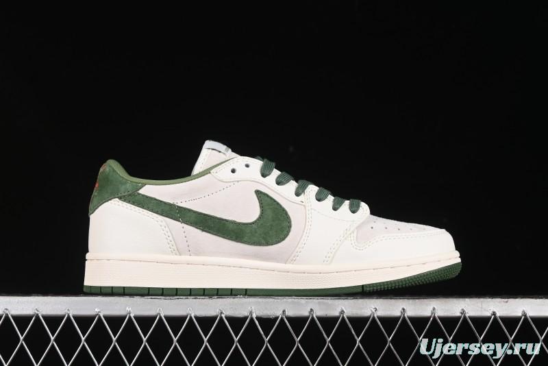 Nike Travis Scott x Fragment Design x Air Jordan 1 Low OG SP AJ1 LV Collaboration - Grey Green Pigskin Low Top Casual Sneakers - XZ1268-005