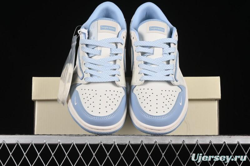 Nike Travis Scott x Fragment Design x Air Jordan 1 Low OG SP AJ1 Supreme Collaboration - White Blue Lettering Low Top Casual Sneakers - XY2688-116