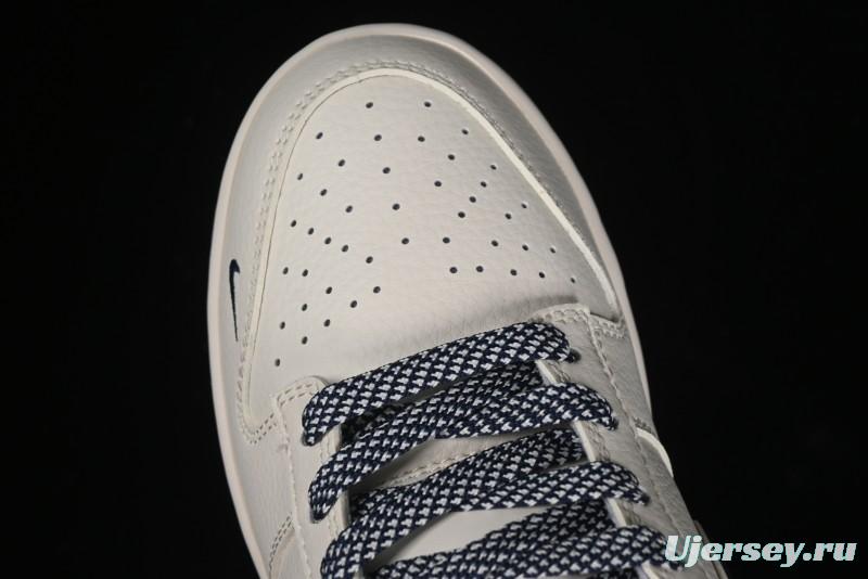 Nike SB Dunk Low Anniversary Premium Custom Low-Top Casual Skate Shoes in Off-White with Navy Blue Swoosh - SJ1089-004