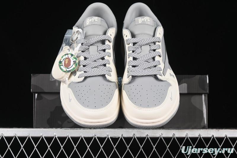Nike Travis Scott x Fragment Design x Air Jordan 1 Low OG SP AJ1 Bape Collaboration - Moon Shadow Grey Low Top Casual Sneakers BB6511-625