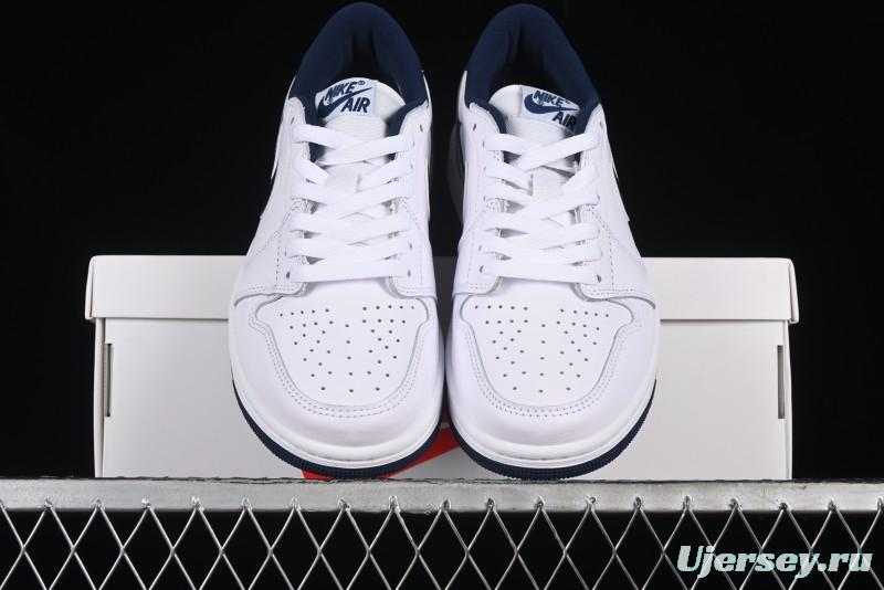 Nike Air Jordan 1 Low 85 Retro Sneakers in White with Metallic Blue Swoosh - FB9933-141