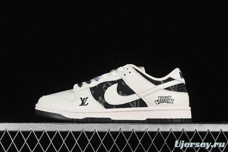 Nike SB Dunk Low LV Collaboration - Beige Black Printed Denim Anniversary High-End Custom Low-Top Casual Skate Shoes - XB3802-357