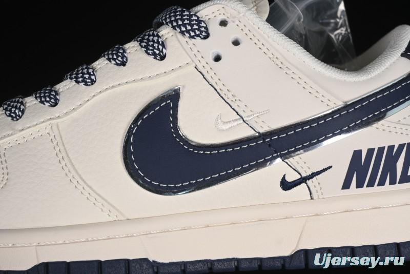 Nike SB Dunk Low Anniversary Premium Custom Low-Top Casual Skate Shoes in Off-White with Navy Blue Swoosh - SJ1089-004
