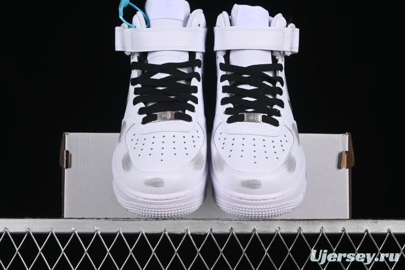 Nike Air Force 1 '07 Mid Casual Sneakers in White/Grey/Black with Hand-Painted Cracked Swoosh Shadow Detail - CW2289-111