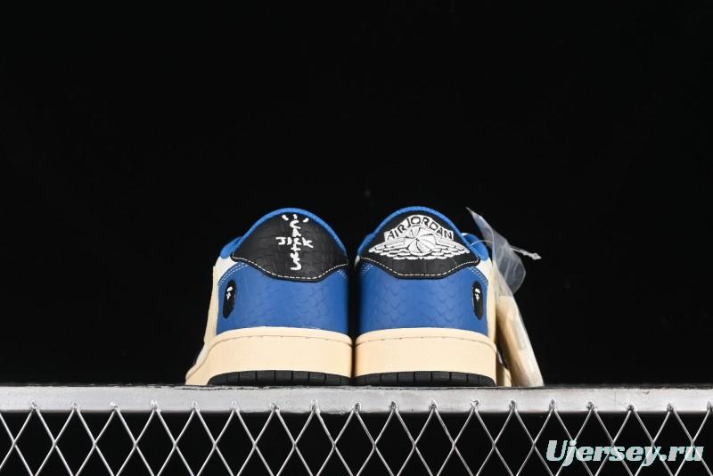 Nike Travis Scott x Fragment Design x Air Jordan 1 Low OG SP AJ1 Bape Collaboration - Crocodile Leather Black White Blue Low Top Casual Sneakers - XZ2828-001