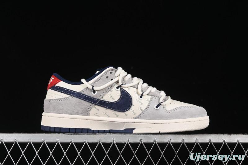 Nike SB Dunk Low Stussy Collaboration - Lace-Up Off White Navy Swoosh Anniversary High-End Custom Low-Top Casual Sneakers - SJ2068-308