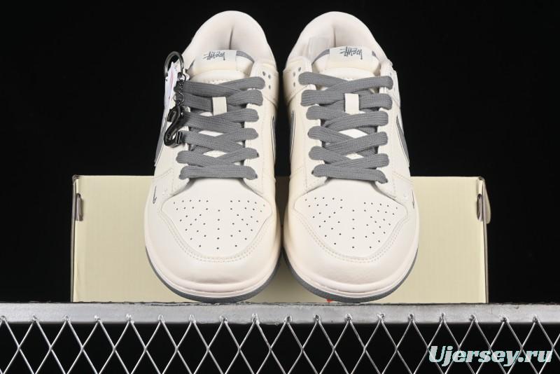 Nike SB Dunk Low Stussy Collaboration - Off White Dark Grey Swoosh Anniversary Custom Low-Top Casual Skate Shoes - DQ1098-382