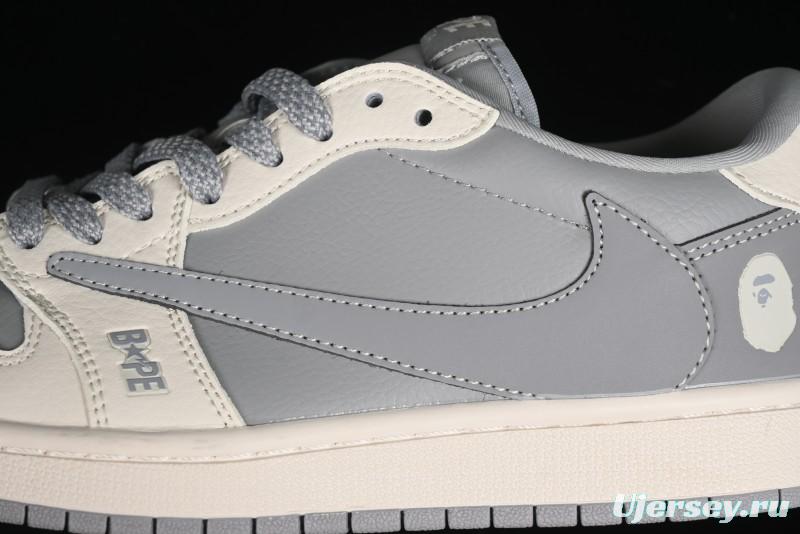 Nike Travis Scott x Fragment Design x Air Jordan 1 Low OG SP AJ1 Bape Collaboration - Moon Shadow Grey Low Top Casual Sneakers BB6511-625
