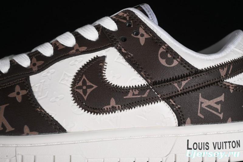 Nike SB Dunk Low LV Collaboration - Embossed White Brown Print Anniversary High-End Custom Low-Top Casual Sneakers - DQ1098-360
