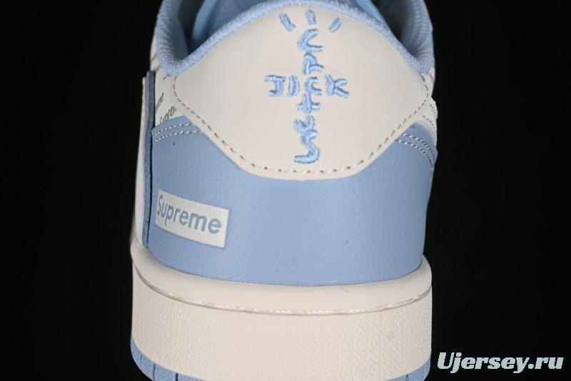 Nike Travis Scott x Fragment Design x Air Jordan 1 Low OG SP AJ1 Supreme Collaboration - White Blue Lettering Low Top Casual Sneakers - XY2688-116