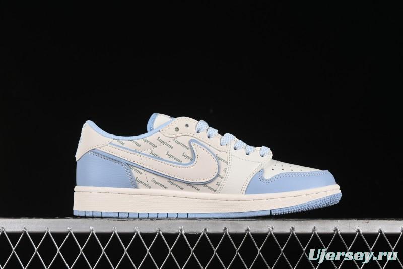 Nike Travis Scott x Fragment Design x Air Jordan 1 Low OG SP AJ1 Supreme Collaboration - White Blue Lettering Low Top Casual Sneakers - XY2688-116