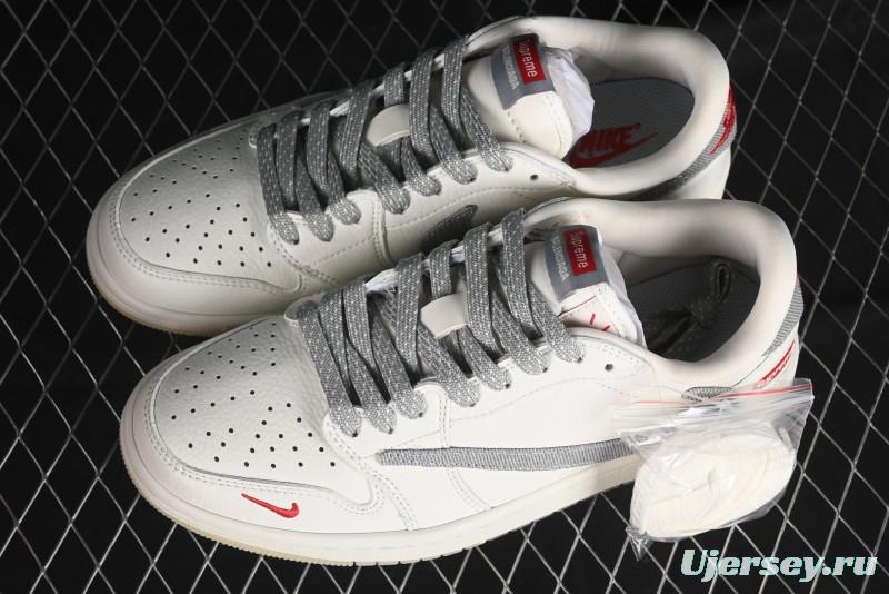 Nike Travis Scott x Fragment Design x Air Jordan 1 Low OG SP AJ1 Supreme Collaboration - Light Grey Denim Two-Tone Low-Top Casual Sneakers - JH6088-705