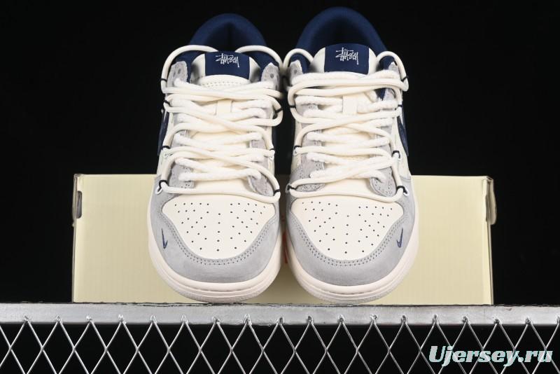 Nike SB Dunk Low Stussy Collaboration - Lace-Up Off White Navy Swoosh Anniversary High-End Custom Low-Top Casual Sneakers - SJ2068-308