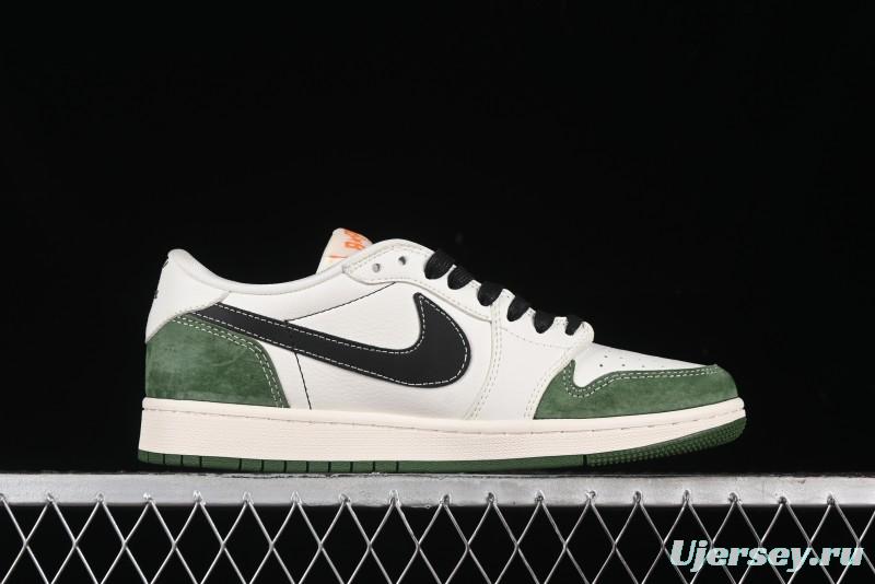 Nike Travis Scott x Fragment Design x Air Jordan 1 Low OG SP AJ1 Bape Collaboration - Jungle Green Low Top Casual Sneakers - XY2688-107