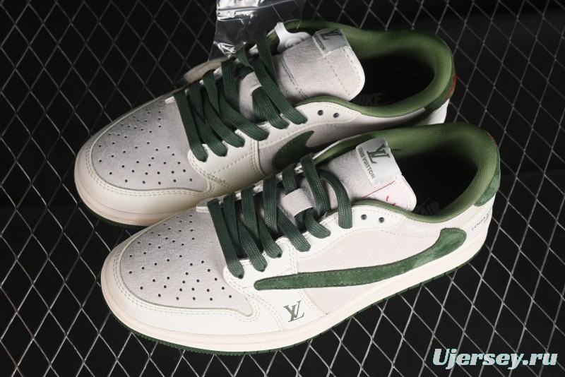 Nike Travis Scott x Fragment Design x Air Jordan 1 Low OG SP AJ1 LV Collaboration - Grey Green Pigskin Low Top Casual Sneakers - XZ1268-005