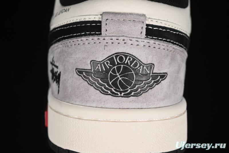 Nike Air Jordan 1 Low Stussy Collaboration - Grey Black Red Label Retro Basketball Shoes - SJ9950-034