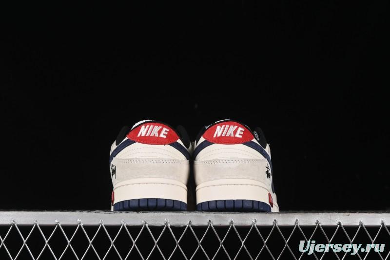 Nike SB Dunk Low Supreme x Stussy Triple Collaboration - Off White Navy Swoosh Anniversary Custom Low-Top Casual Sneakers - SJ2068-301