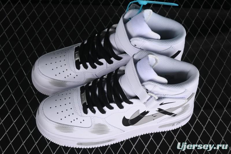 Nike Air Force 1 '07 Mid Casual Sneakers in White/Grey/Black with Hand-Painted Cracked Swoosh Shadow Detail - CW2289-111