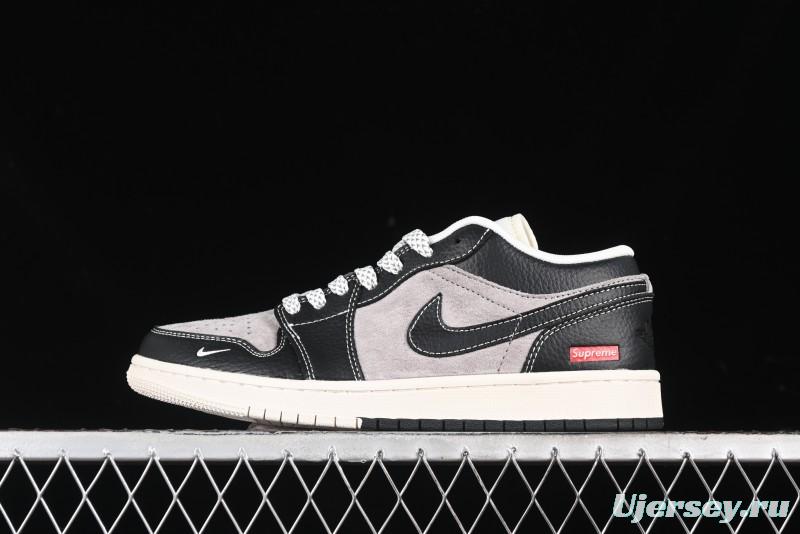 Nike Air Jordan 1 Low Supreme Collaboration - Black Grey Pigskin Two-Tone High-End Custom Retro Basketball Shoes - SJ9950-032