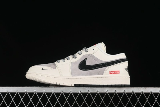 Nike Air Jordan 1 Low Supreme Collaboration - Dual-Tone Black Swoosh Custom Retro Basketball Shoes - SJ9950-043