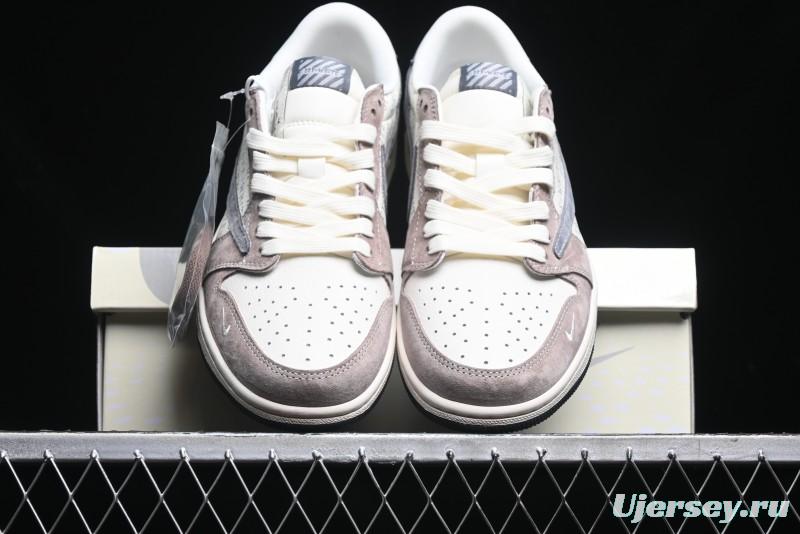 Nike Travis Scott x Fragment Design x Air Jordan 1 Low OG SP AJ1 OF Collaboration - Latte Grey Low Top Casual Sneakers - SJ2068-109