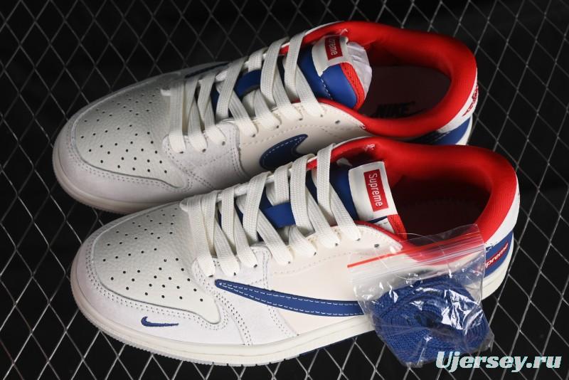 Nike Travis Scott x Fragment Design x Air Jordan 1 Low OG SP AJ1 Supreme Collaboration - Blue White Colorway Low Top Casual Sneakers CH6336-016