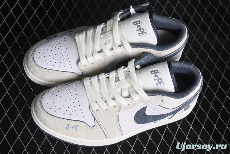 Nike Air Jordan 1 Low AJ1 Bape Collaboration - Custom High-End Retro Basketball Shoes with Light Grey Check - DM9188-008