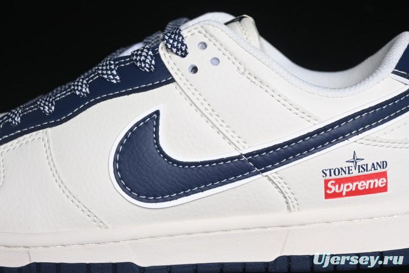 Nike SB Dunk Low Stone Island x Supreme Collaboration - Navy Blue & Off-White Anniversary High-End Custom Low-Top Casual Sneakers - BB9866-007