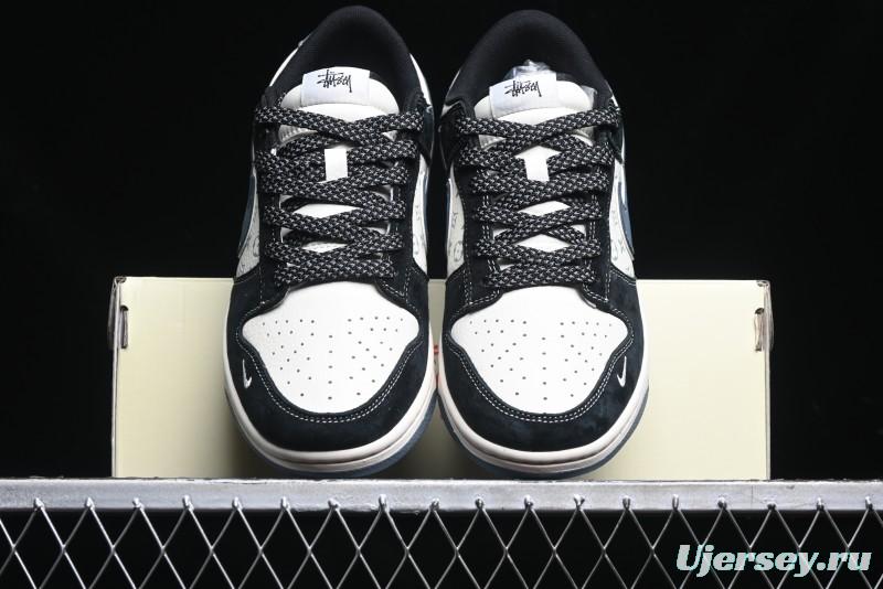 Nike SB Dunk Low Stussy Collaboration - Black White Print Anniversary Custom Low-Top Casual Sneakers - XX3168-212