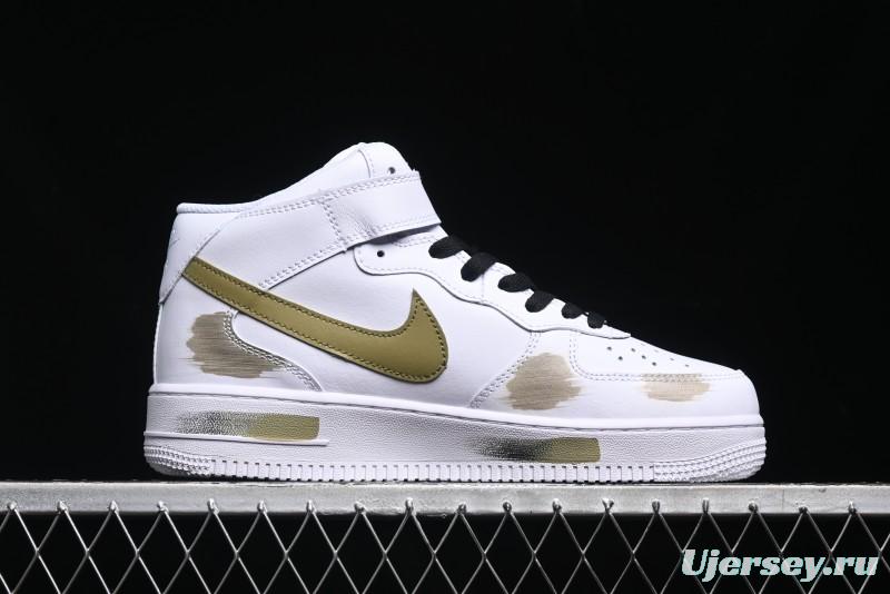 Nike Air Force 1 '07 Mid Hand-Painted Olive Green with Swoosh Shadow Strap Mid-Top Casual Sneakers - CW2289-111