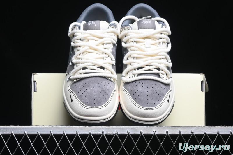 Nike SB Dunk Low Stussy Collaboration - Lace-Up Grey White Grey Check Anniversary High-End Custom Low-Top Casual Skate Shoes - YX5066-207