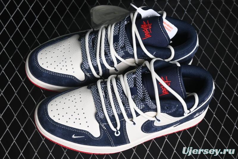 Nike Air Jordan 1 Low Stussy Collaboration - Blue Red Custom High-End Retro Basketball Shoes - SJ9950-049