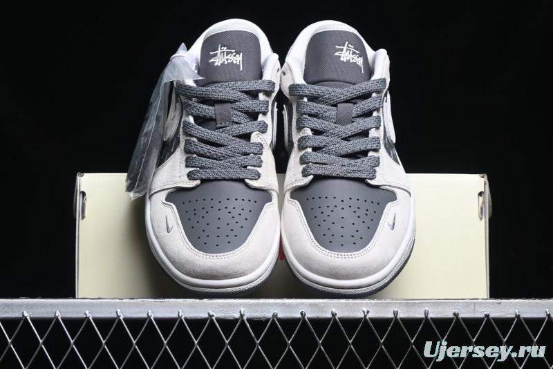 Nike Air Jordan 1 Low Stussy Collaboration - Grey Pigskin Black Base Retro Basketball Shoes - XX3318-968