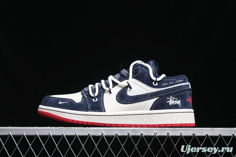 Nike Air Jordan 1 Low Stussy Collaboration - Blue Red Custom High-End Retro Basketball Shoes - SJ9950-049