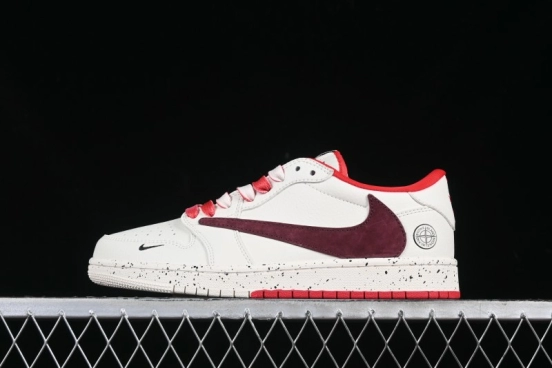 Nike Travis Scott x Fragment Design x Air Jordan 1 Low OG SP AJ1 Stone Island Collaboration Pomegranate Red Low-Top Casual Sneakers - CF3688-077