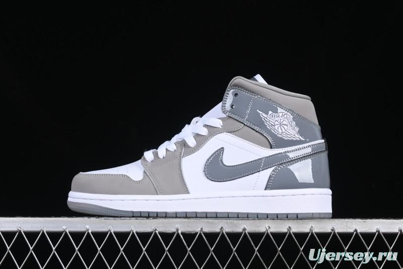 Nike Air Jordan 1 Mid AJ1 High-Top Basketball Shoes in White Grey Patent Leather - HF3216-100