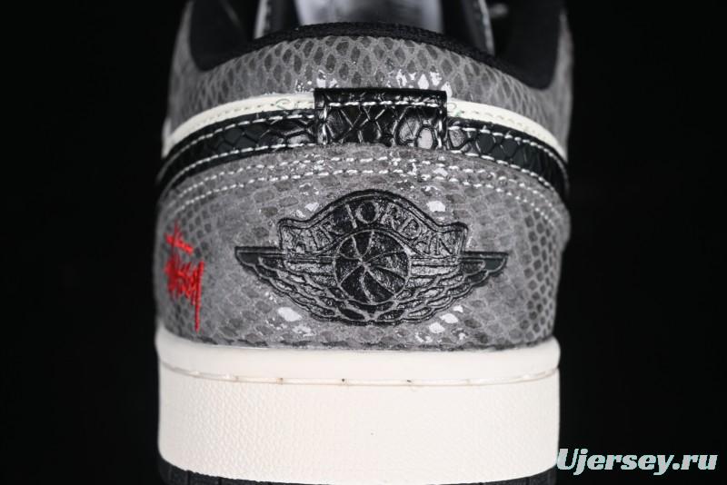 Nike Air Jordan 1 Low Retro Basketball Shoes with Custom Stussy Grey Snake Design - FC1688-202