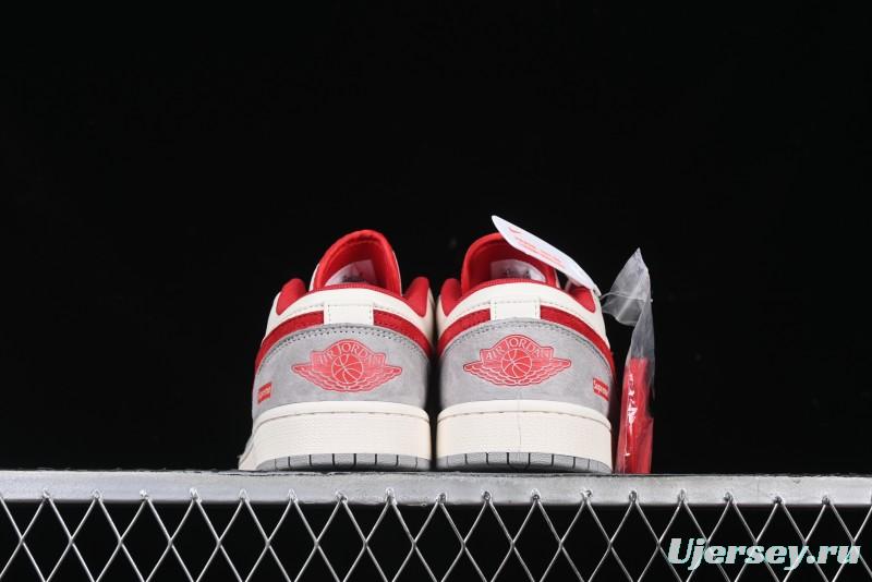 Nike Air Jordan 1 Low AJ1 Supreme Collaboration - White Grey Red Swoosh Retro Basketball Shoes - SJ9950-024
