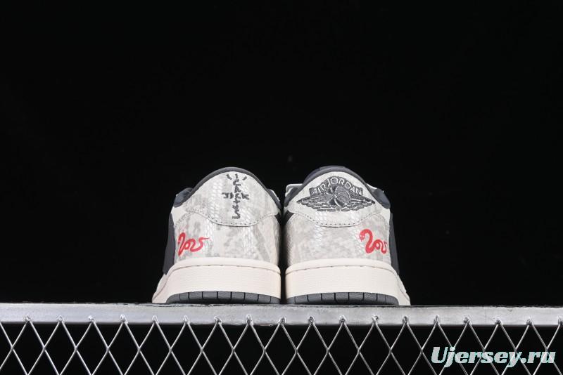 Nike Travis Scott x Fragment Design x Air Jordan 1 Low OG SP AJ1 Snake Year Limited Grey Snake Scale with Grey Swoosh Low-top Casual Sneakers - XS3086-009