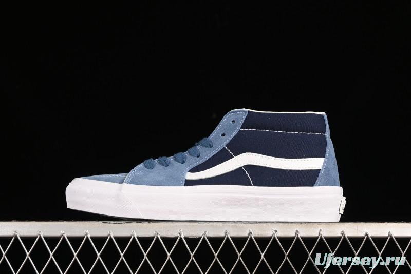 Vans Sk8-Mid Reissue 83 High-End Retro Skate Shoes with Blue Patchwork Suede - VN000CQQDWR