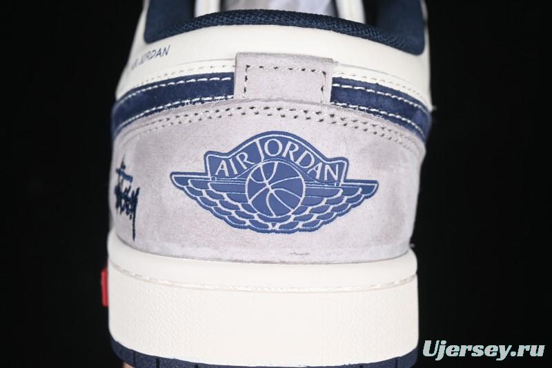 Nike Air Jordan 1 Low Stussy Collaboration Blue Suede Retro Basketball Shoes - SJ9950-035