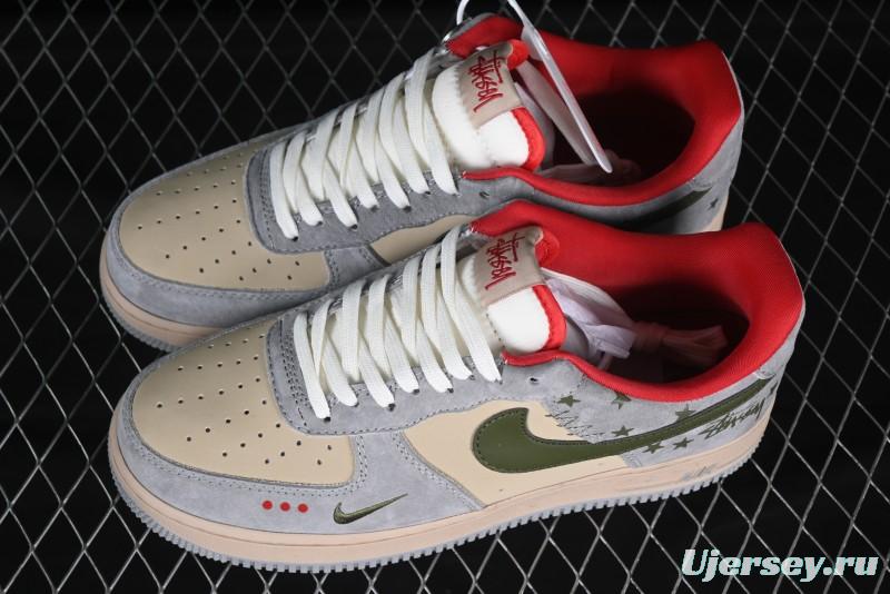 Nike Air Force 1 '07 Low Stussy Collaboration Olive Green Star Low-Top Casual Sneakers - KK1988-034