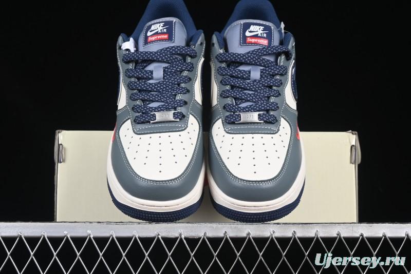 Nike Air Force 1 '07 Low Supreme Casual Sneakers in Grey Blue with Red Swoosh - XZ6188-382