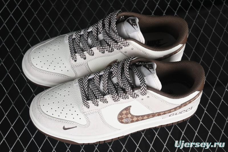 Nike SB Dunk Low Gucci Collaboration Monogram Beige Brown Swoosh Anniversary Custom Low-Top Casual Skate Shoes - DJ2024-059