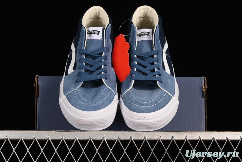Vans Sk8-Mid Reissue 83 High-End Retro Skate Shoes with Blue Patchwork Suede - VN000CQQDWR