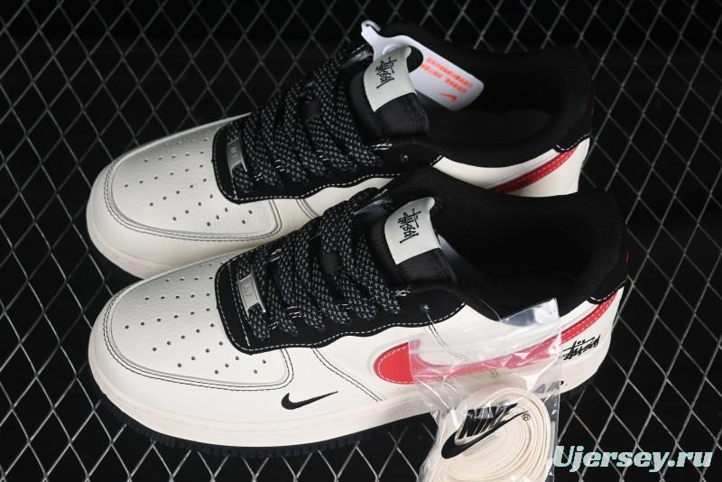 Nike Air Force 1 '07 Low Stussy Collaboration Black Stitch Red Swoosh Casual Sneakers - XS1958-518