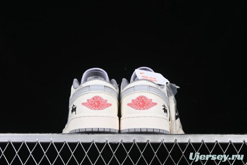 Nike Air Jordan 1 Low Stussy Collaboration - Retro Basketball Shoes in Light Grey - SJ9950-044