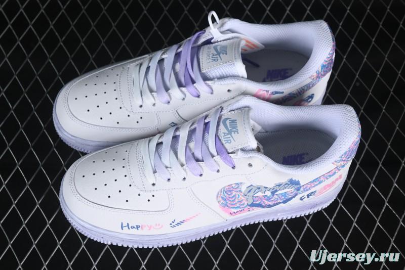 Nike Air Force 1 '07 Low Double Hearts Casual Sneakers with Hand-Drawn Anime Doodle and Pink Blue Hearts - CZ0377-002