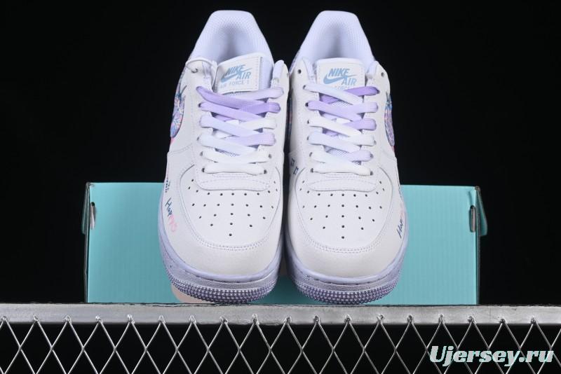 Nike Air Force 1 '07 Low Double Hearts Casual Sneakers with Hand-Drawn Anime Doodle and Pink Blue Hearts - CZ0377-002